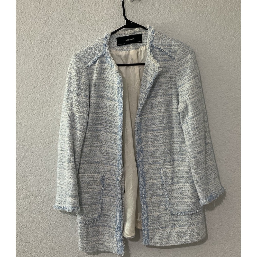 Zara Size Small Tweed Blue And White Frayed Blazer Jacket